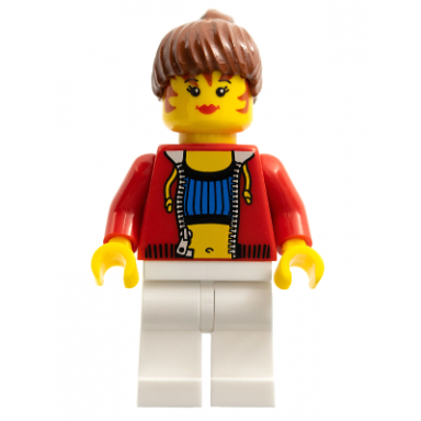 female with crop top and navel pattern - lego logo on back reddish brown hair