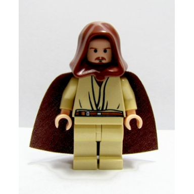 qui-gon jinn - light nougat head with black chin dimple brown hood and cape