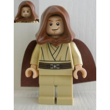 obi-wan kenobi young with hood and cape tan legs smile