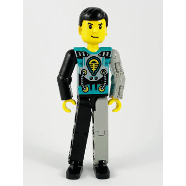 technic figure black light gray legs dark turquoise torso with yellow black silver pattern light gray mechanical left arm