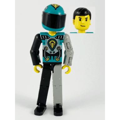 technic figure black light gray legs dark turquoise torso with yellow black silver pattern light gray mechanical left arm printed helmet