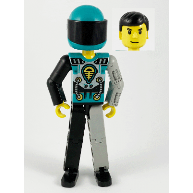 technic figure black light gray legs dark turquoise torso with yellow black silver pattern light gray mechanical left arm dark turquoise helmet