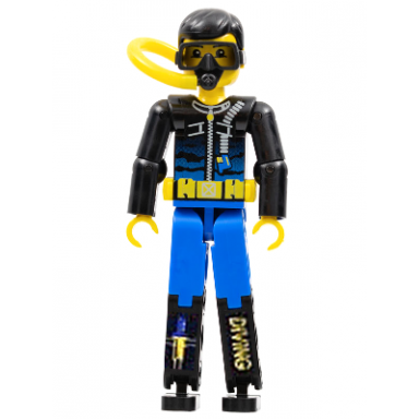 technic figure blue legs black top with zippered wetsuit for diver knife and diving pattern stickers - air tank hose and mask