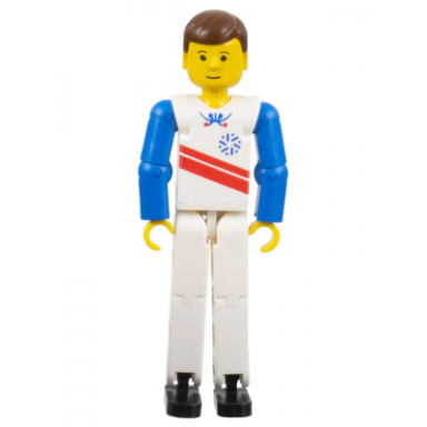 technic figure white legs white top with red stripes pattern blue arms skier