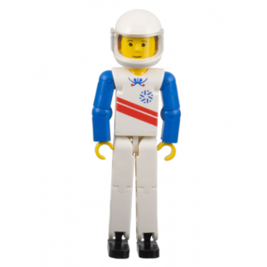 technic figure white legs white top with red stripes pattern blue arms white helmet skier