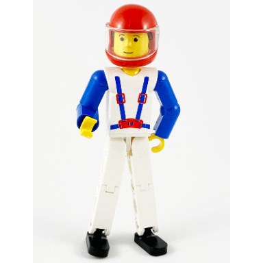 technic figure white legs white top with blue suspenders pattern blue arms red helmet