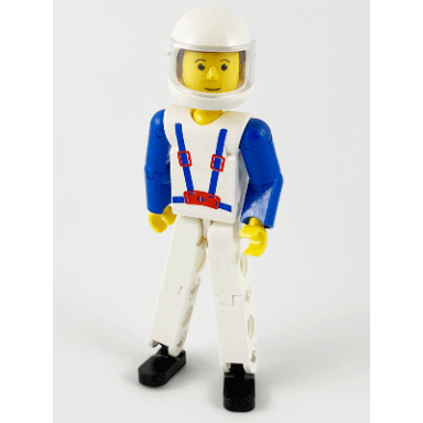 technic figure white legs white top with blue suspenders pattern blue arms white helmet