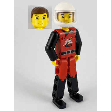 technic figure red black legs red top brown hair fireman white helmet