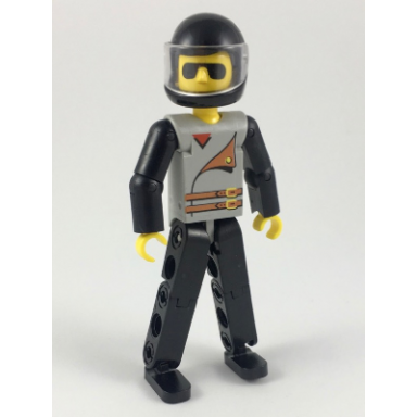 technic figure black legs light gray top with 2 brown belts black arms black helmet