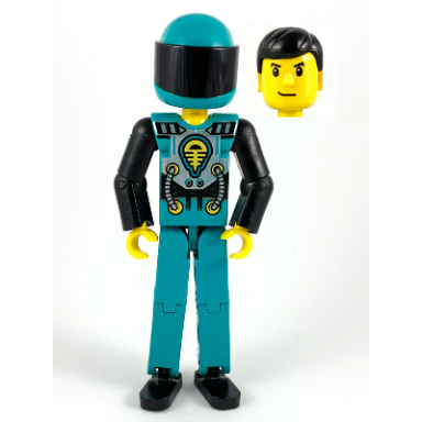 technic figure dark turquoise legs dark turquoise torso with yellow black silver pattern black arms dark turquoise helmet black visor