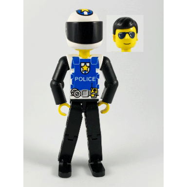 technic figure black legs white top with police logo black arms white helmet black visor
