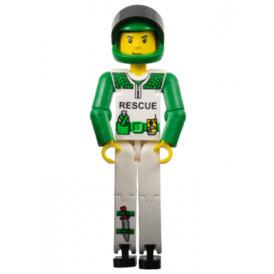 technic figure white legs white torso with black rescue and green belt green arms green helmet black visor - with sticker