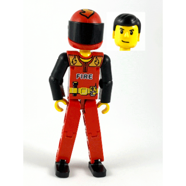 technic figure red legs red top with black fire black arms fireman red helmet with flame black visor - without sticker