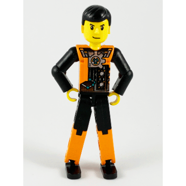 technic figure orange black legs orange torso with silver pattern black arms black hair
