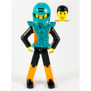 technic figure orange black legs orange torso with silver pattern black arms black hair dark turquoise helmet and armor