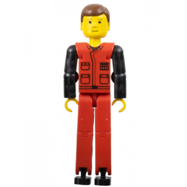 technic figure red legs red top with black pattern black arms brown hair