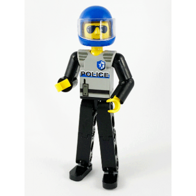 technic figure black legs light gray top with police pattern black arms blue helmet