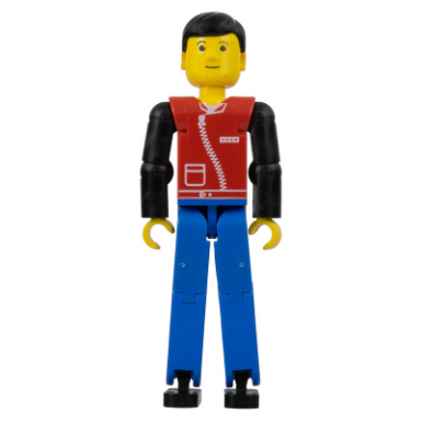 technic figure blue legs red top with zipper black arms black hair