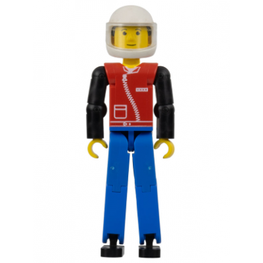 technic figure blue legs red top with zipper black arms black hair white helmet