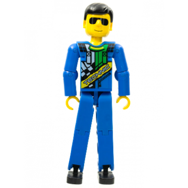 technic figure blue legs blue top with technic logo black hair and sunglasses - without stickers