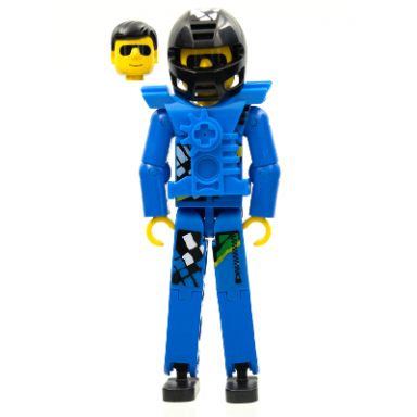 technic figure blue legs blue top with chest plate black hair black helmet - with stickers