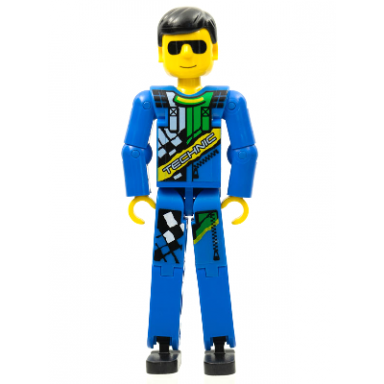 technic figure blue legs blue top with technic logo black hair and sunglasses - with stickers