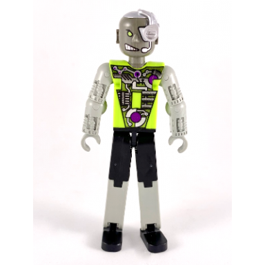 technic figure cyber person black legs lime torso mechanical arms dark gray head cyborg eyepiece