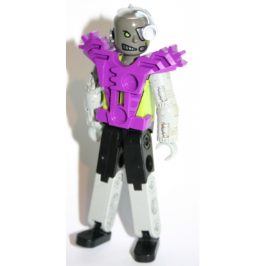 technic figure cyber person black legs purple armor mechanical arms dark gray head cyborg eyepiece