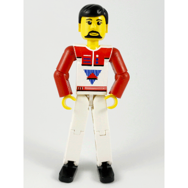 technic figure white legs white top with red vest red arms black hair