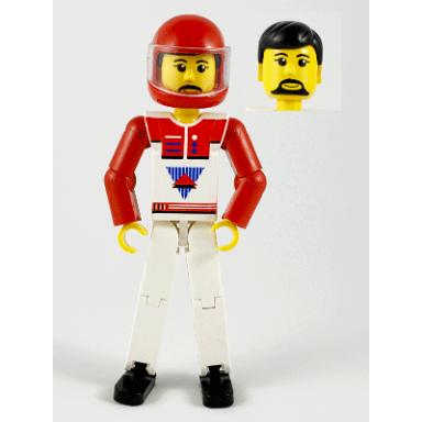 technic figure white legs white top with red vest red arms black hair red helmet