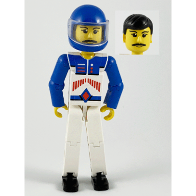 technic figure white legs white top with red arrow-type stripes pattern blue arms blue helmet