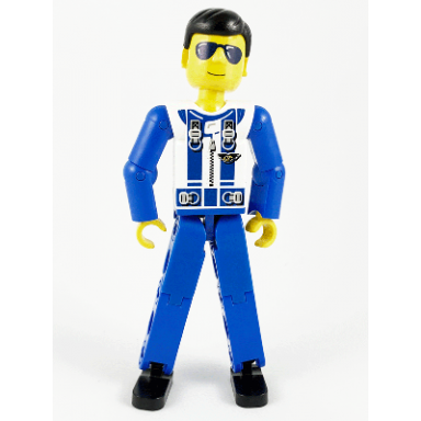 technic figure blue legs white top with zipper and blue shoulder harness pattern blue arms