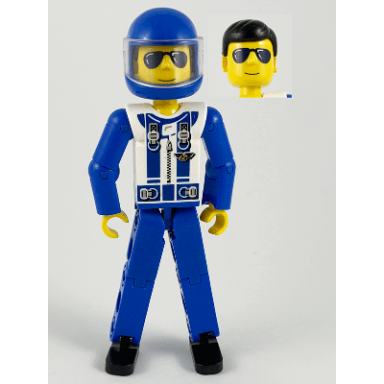 technic figure blue legs white top with zipper and blue shoulder harness pattern blue arms blue helmet trans-clear visor