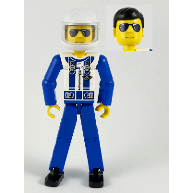 technic figure blue legs white top with zipper and blue shoulder harness pattern blue arms white helmet trans-clear visor