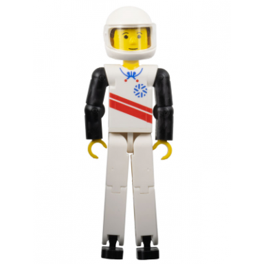 technic figure white legs white top with red stripes pattern black arms white helmet skier