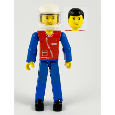 technic figure blue legs red top with zipper blue arms black hair white helmet