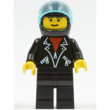 leather jacket with zippers - black legs black helmet trans-light blue visor male
