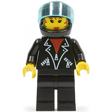 leather jacket with zippers - black legs black helmet trans-light blue visor female