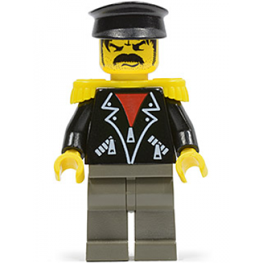 time twisters - black leather jacket with zippered pockets over red shirt yellow epaulettes tony twister baron blomberg
