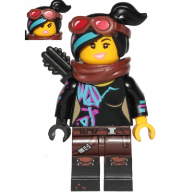 lucy wyldstyle with black quiver reddish brown scarf and goggles open mouth smile angry