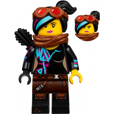 lucy wyldstyle with black quiver reddish brown scarf and goggles smile angry