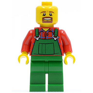lego brand store male overalls farmer green brown moustache and goatee no headgear no specific back printing glasgow