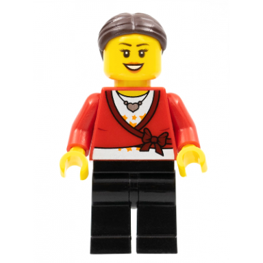 lego brand store female sweater cropped with bow heart necklace black legs dark brown hair with bun