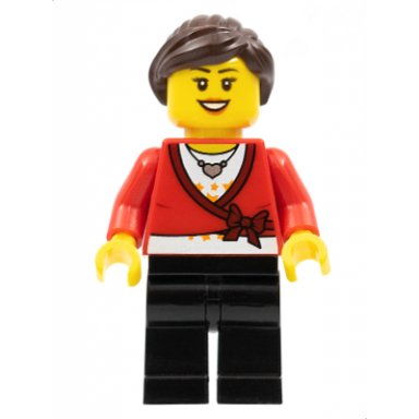 lego brand store female sweater cropped with bow heart necklace black legs dark brown hair with ponytail