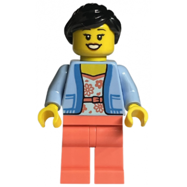 lego store customer - female bright light blue jacket over white shirt with coral flowers coral legs black ponytail
