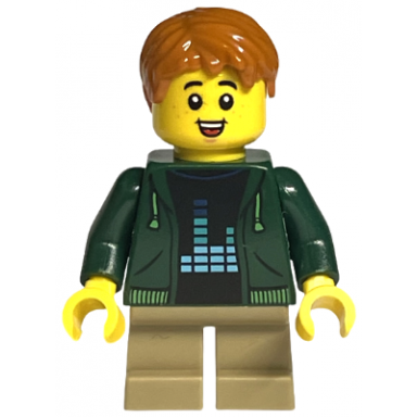 child - boy dark green hoodie dark tan short legs dark orange hair freckles