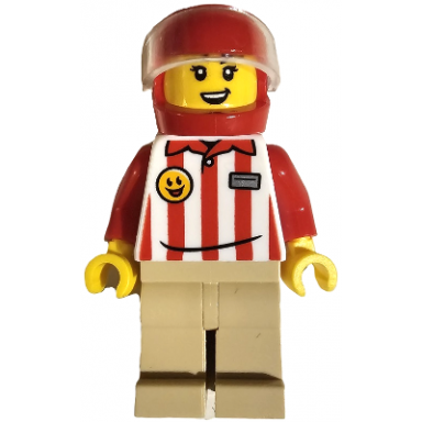 hamburger soapbox race car driver - female red and white striped shirt tan legs red helmet trans-clear visor