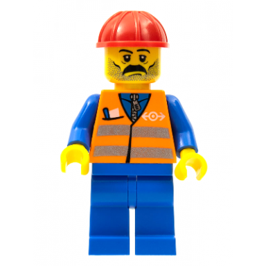 orange vest with safety stripes - blue legs moustache red construction helmet