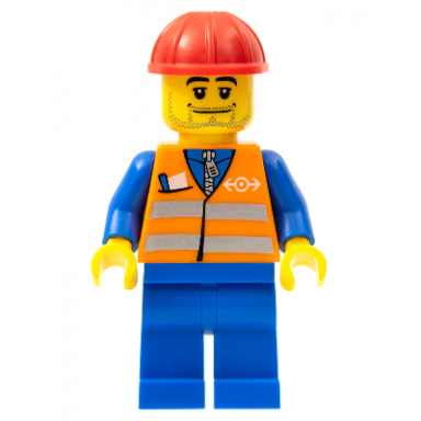 orange vest with safety stripes - blue legs beard stubble red construction helmet