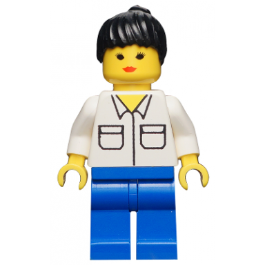 shirt with 2 pockets blue legs black ponytail hair